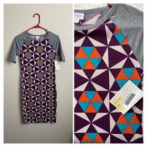 NWT Lularoe Multicolor Geometric Print w/ Gray Raglan Sleeves XXS Julia Dress